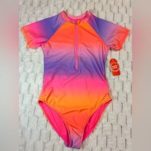 Wonder Nation Girls Short Sleeve Zip-Up Rash Guard One-Piece Swimsuit - Size 10